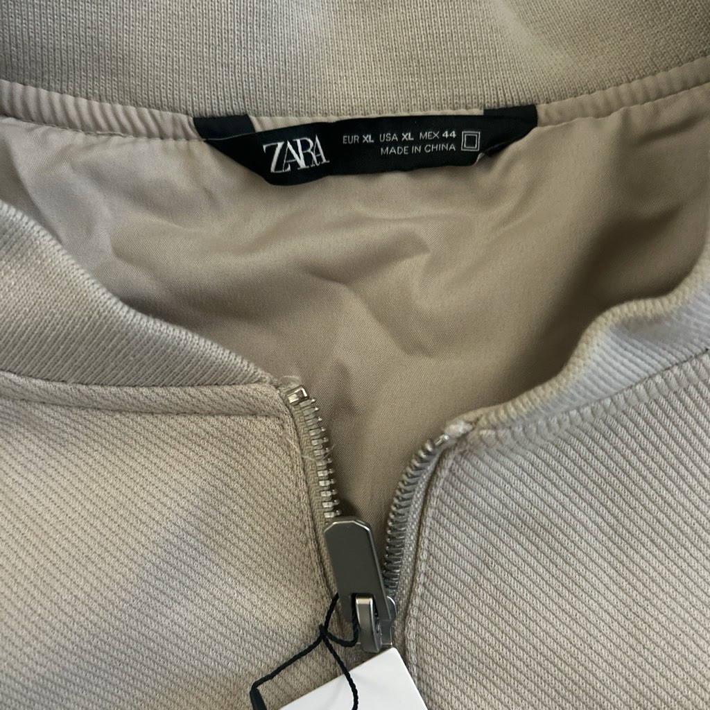 Zara mens bomber jacket beige full zip short band collar solid XL