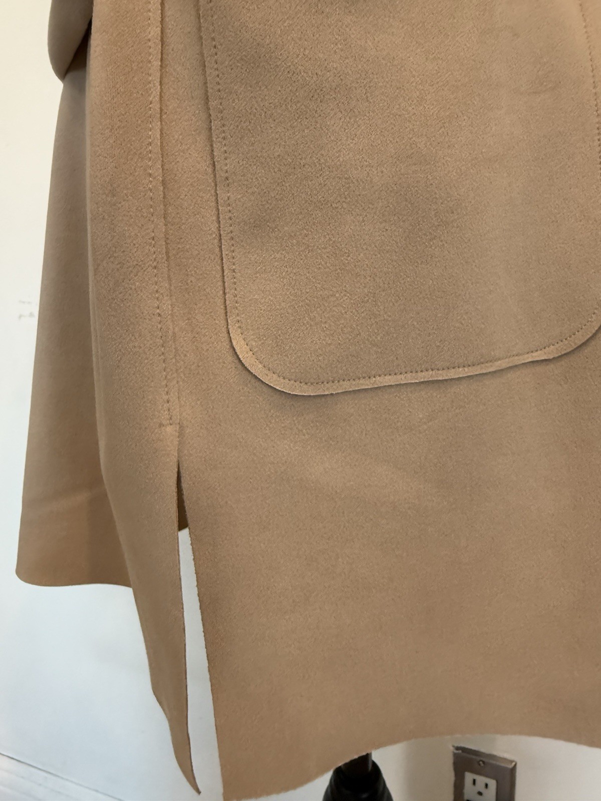 Oatmeal Ecru Belted Open Front Hooded Mid Length Faux Suede Jacket w/ Pockets Sm