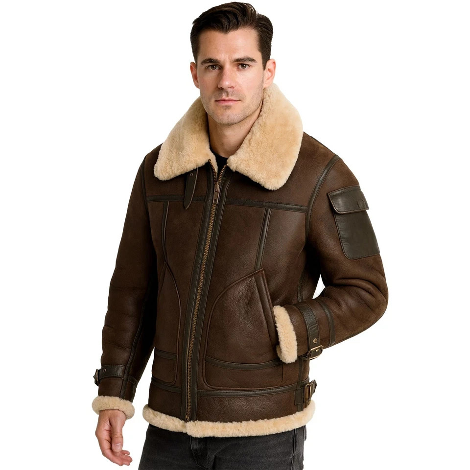 Men’s Brown RAF B3 Bomber Aviator Jacket with Fur Collar Handmade Winter Coat