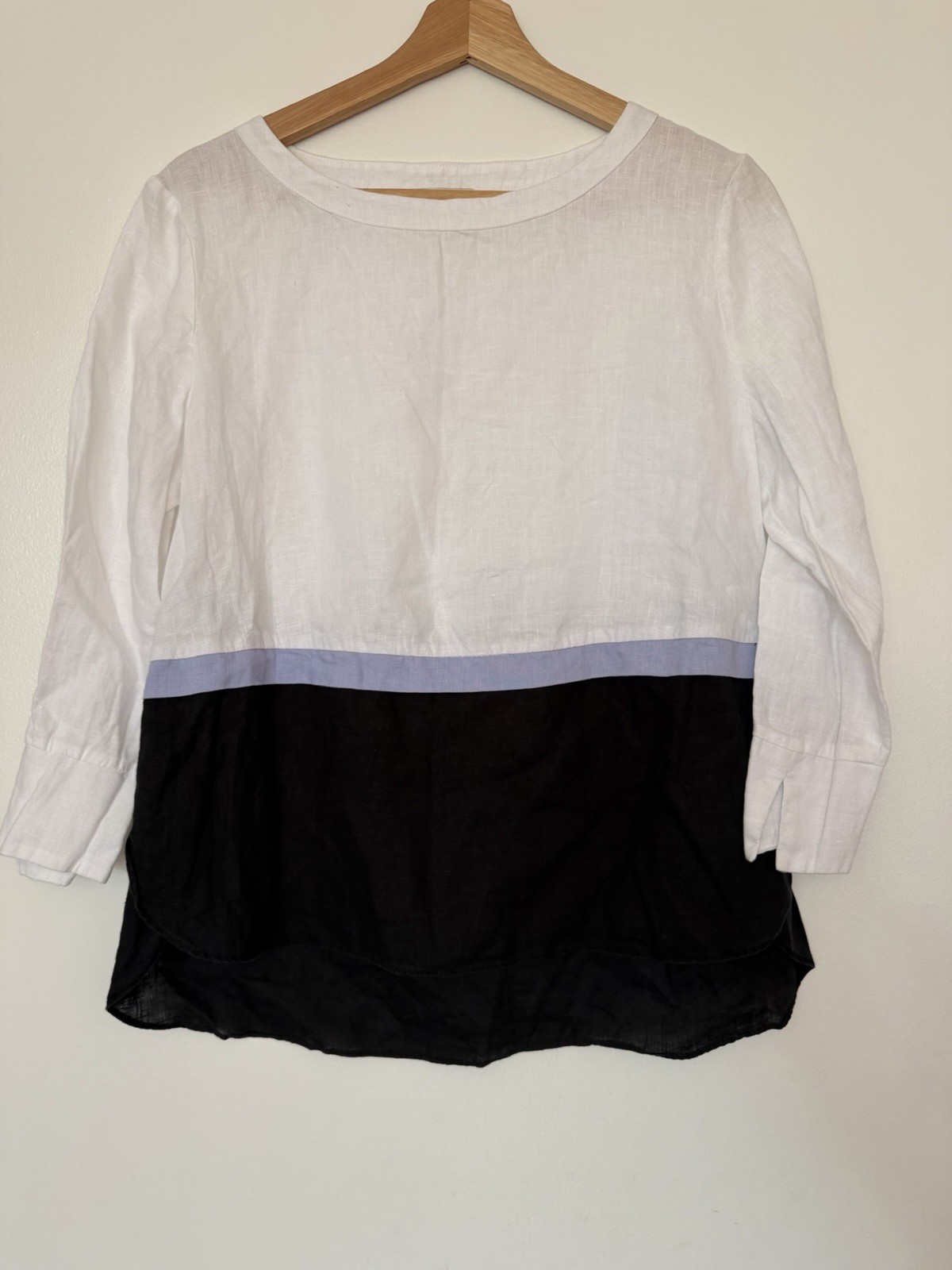 Tyler Böe XS Colorblock Linen Tunic Blouse Scoop Neck 3/4 Sleeve White Blue