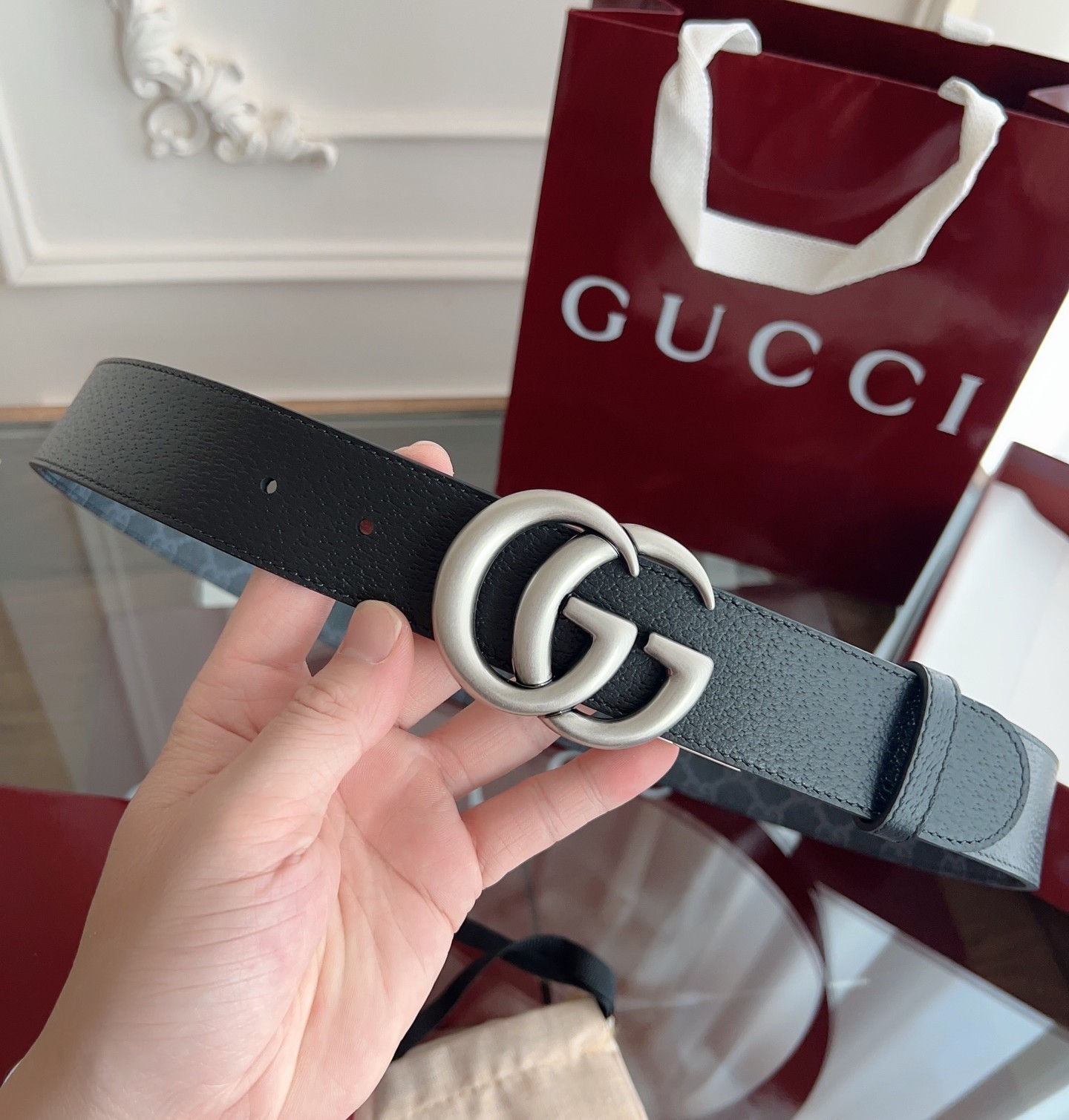 New Gucci Black Leather GG Canvas Men’s Reversible Belt Retro GG Buckle 3.7cm