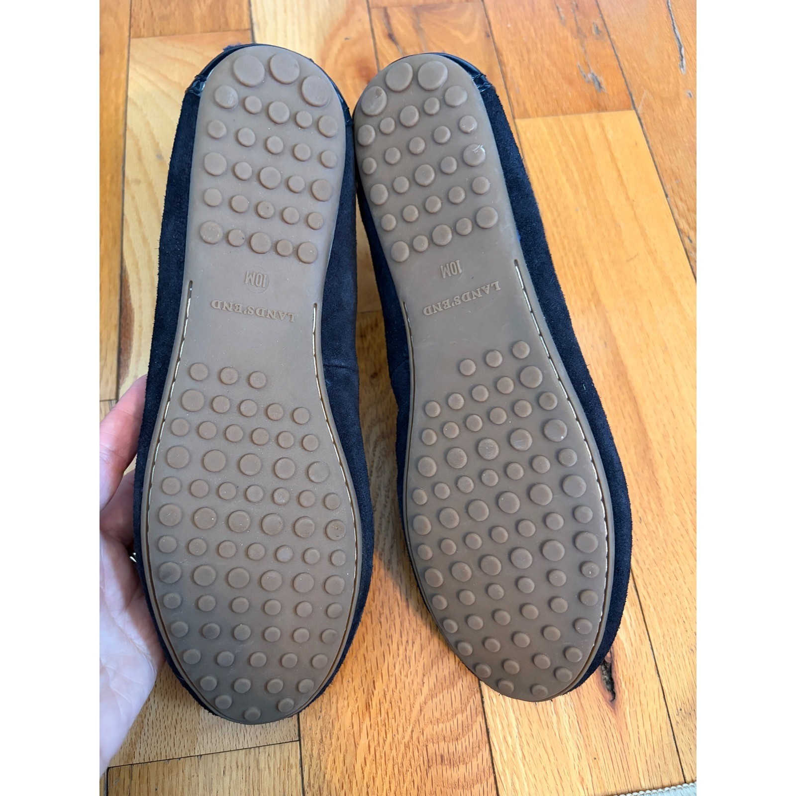 Lands’ End suede flat loafers driving moccasins navy blue women’s size 10