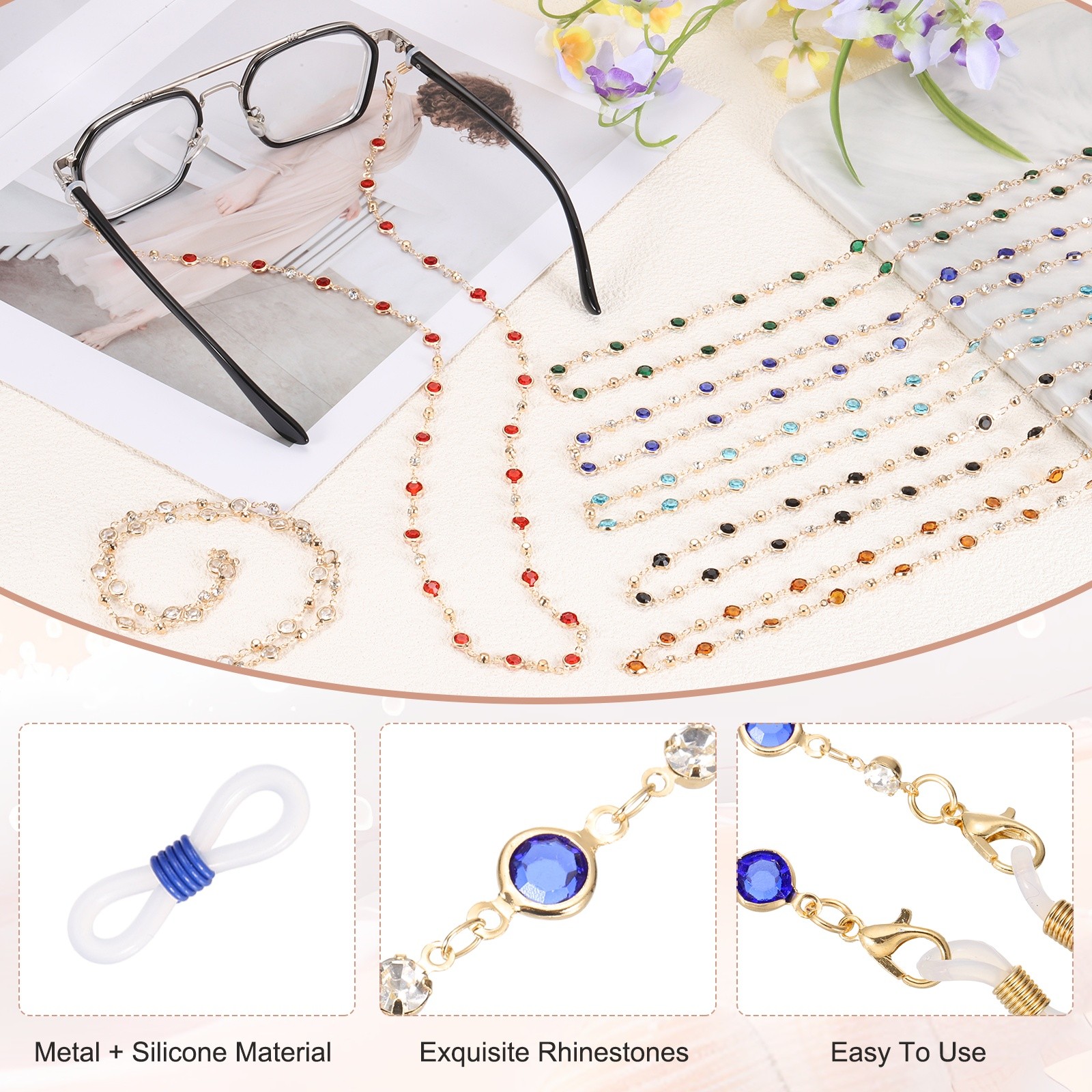 Glasses Chain, 75cm Rhinestones Eyeglasses Strap with 6 End for Women, Dark Blue