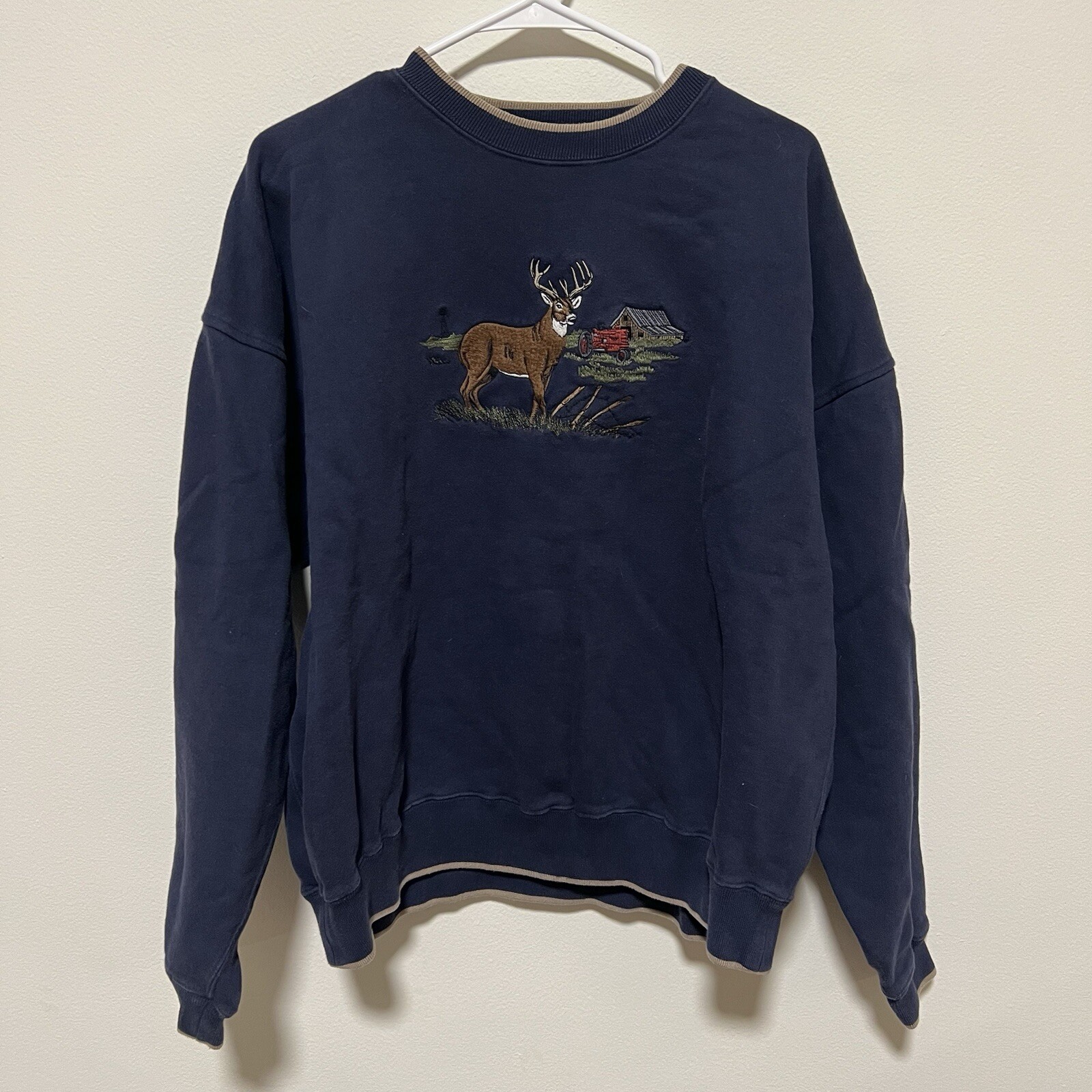 Vintage 90s Streetwear Mens XL Navy Faded Buck Farm Heavy Crewneck Grandpacore
