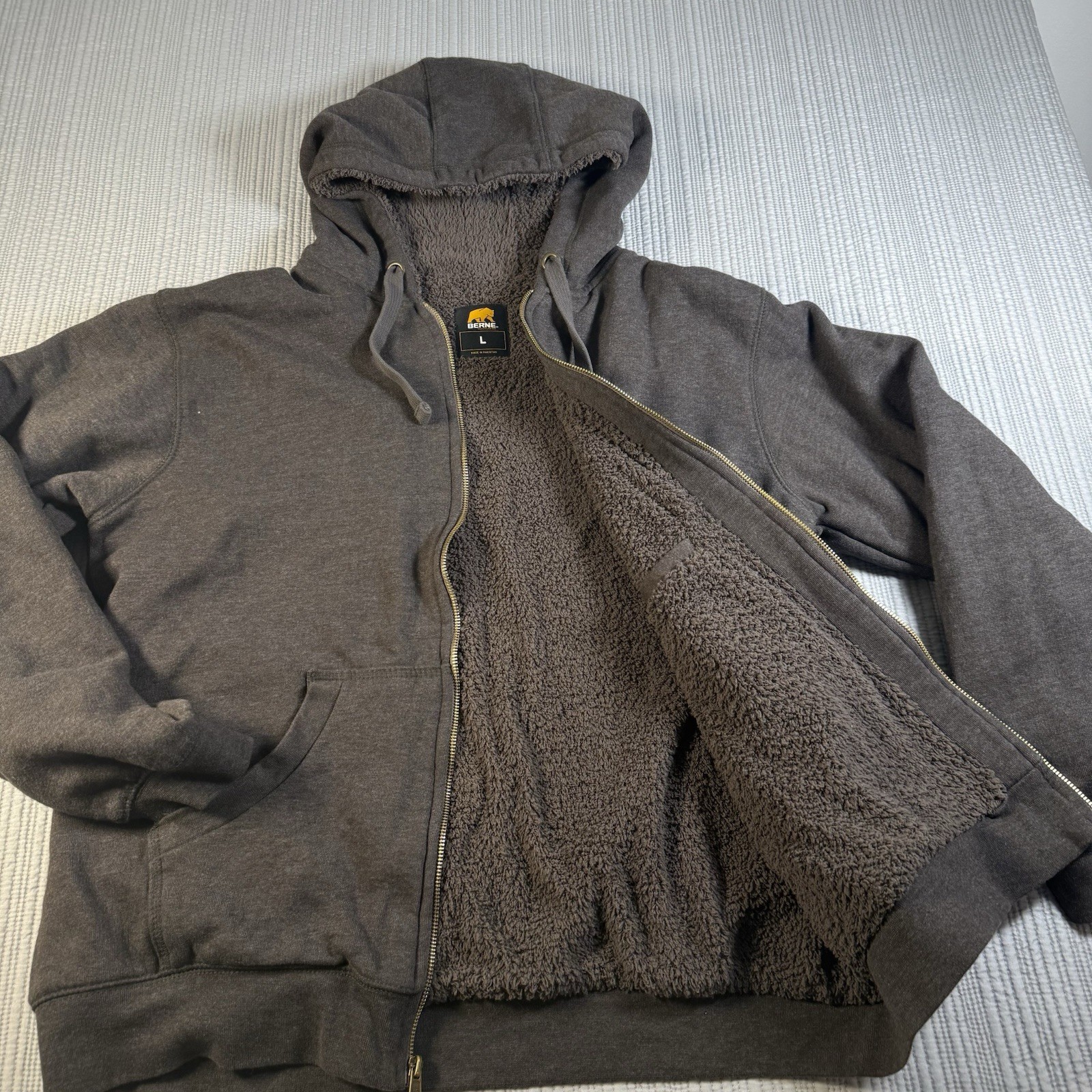 Berne Jacket Womens L Sherpa Hooded Full Zip Coat Gray Work