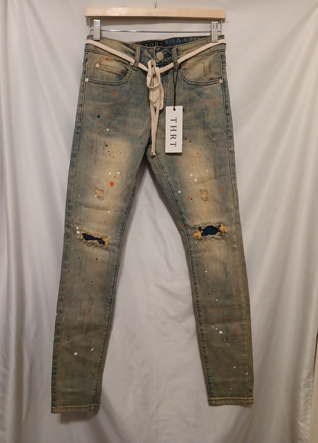 THRT Citrus Denim Jean Men 28 Blue Paint Splatter Slim Leg Distressed Drawstring
