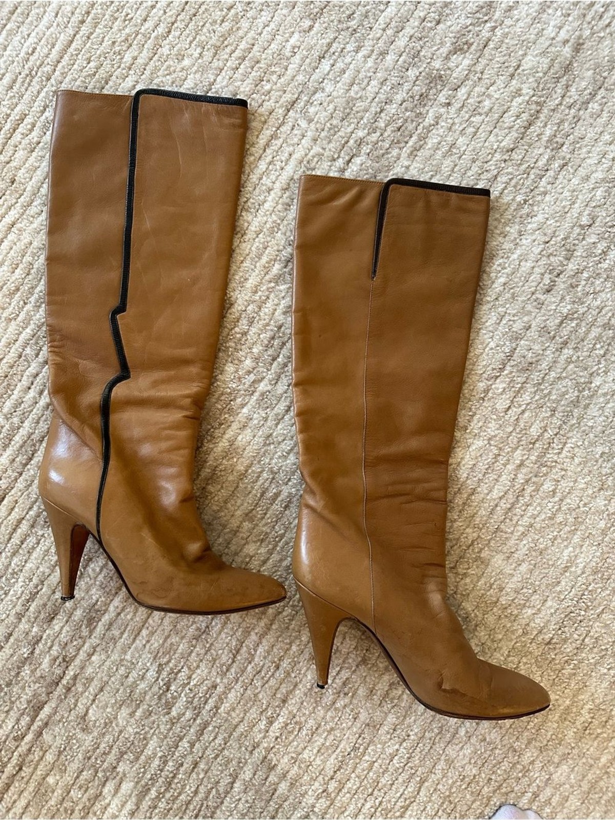 Vintage 70s Casa Dei Italian Leather Knee High Boots Cognac Brown Black Trim