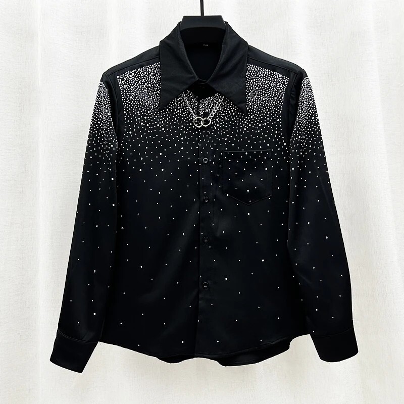 Men Luxury Fashion Trend Starry Sky Diamonds Rhinestone Casual Button Down Shirt