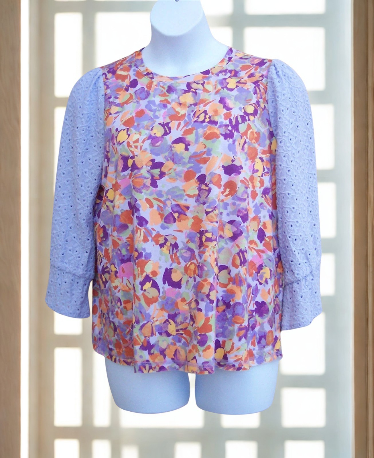 LOGO by Lori Goldstein 3/4 Sleeve Top with Eyelet Lace Sleeves PURPLE HEATHER L