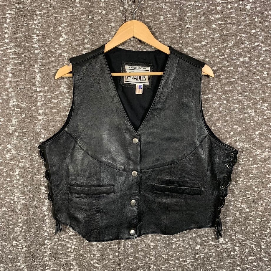 Addis Mens Black Leather Biker Vest Lace Up Sides Western Motorcycle Snap Front