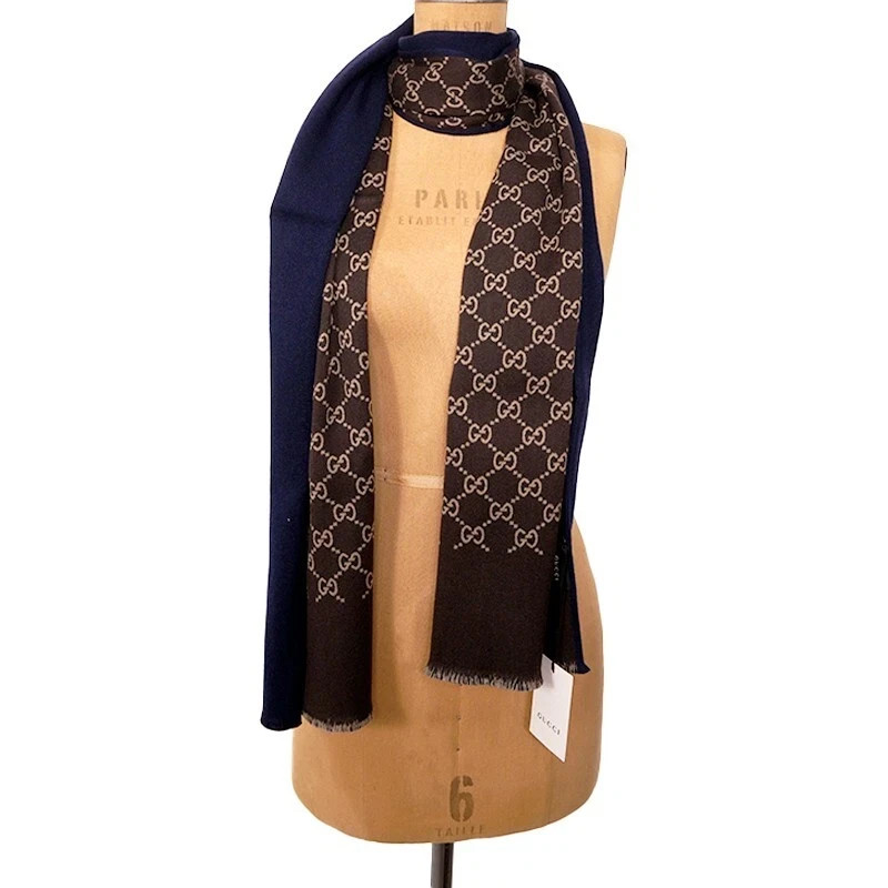 Gucci Navy Blue Brown GG Double-Sided GG Wool Scarf