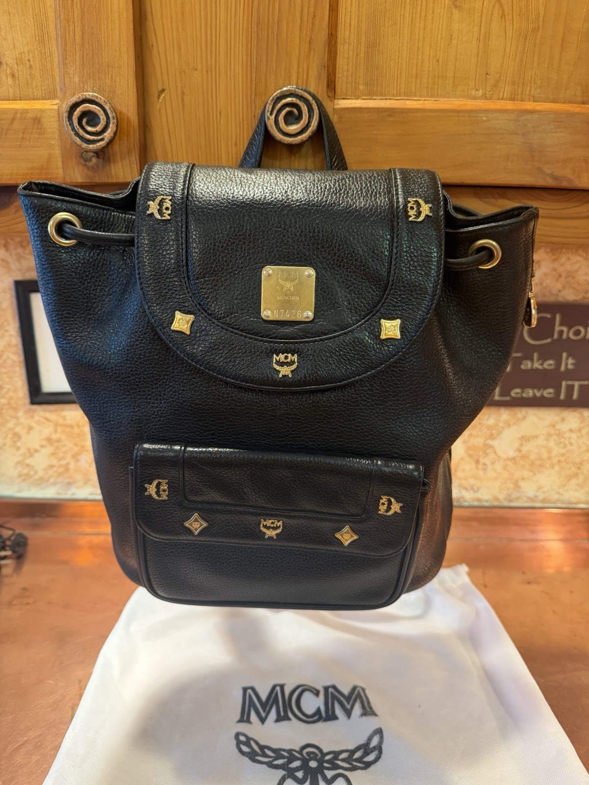 MCM Black Drawstring Backpack, Magnetic Closure, Gold Hardware, Dust Bag