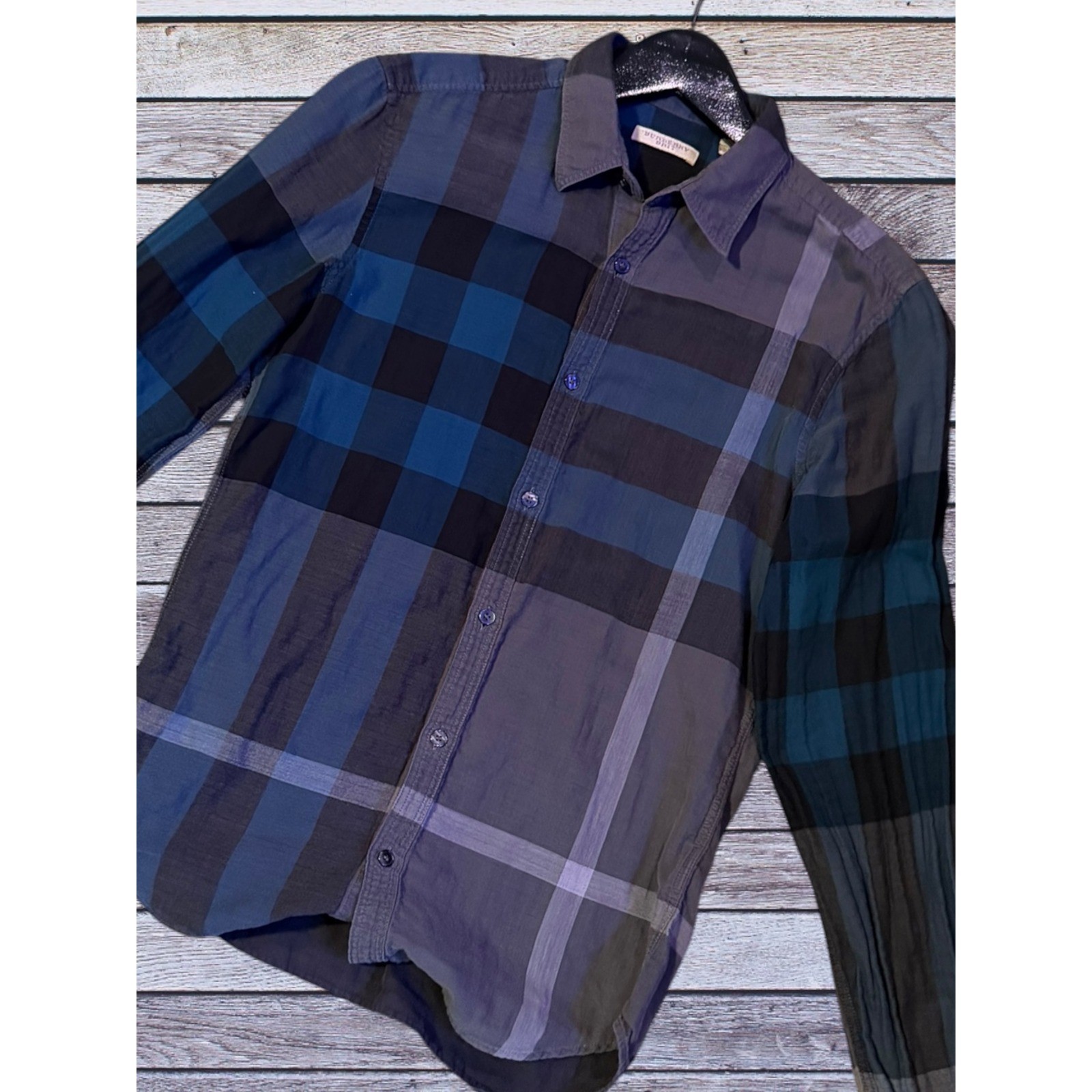 Burberry Brit Mens Blue Grey Exploded Check Long Sleeve Button Down Shirt S
