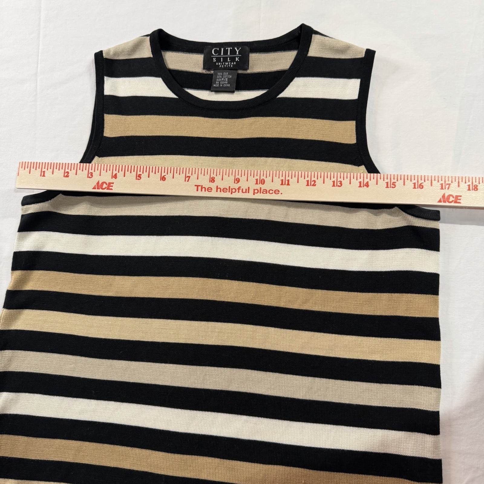 City Silk Black Beige White Striped Knit Sleeveless Crew Neck Pullover P/S B91