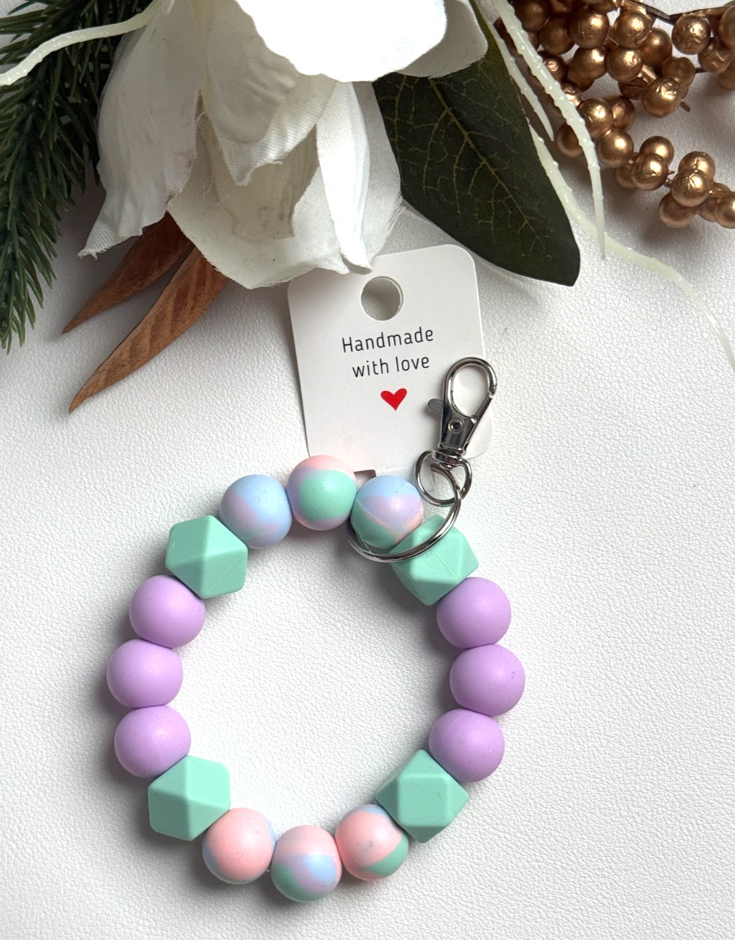 Silicone Beaded Keychain Wristlet Bracelet Green Swirl