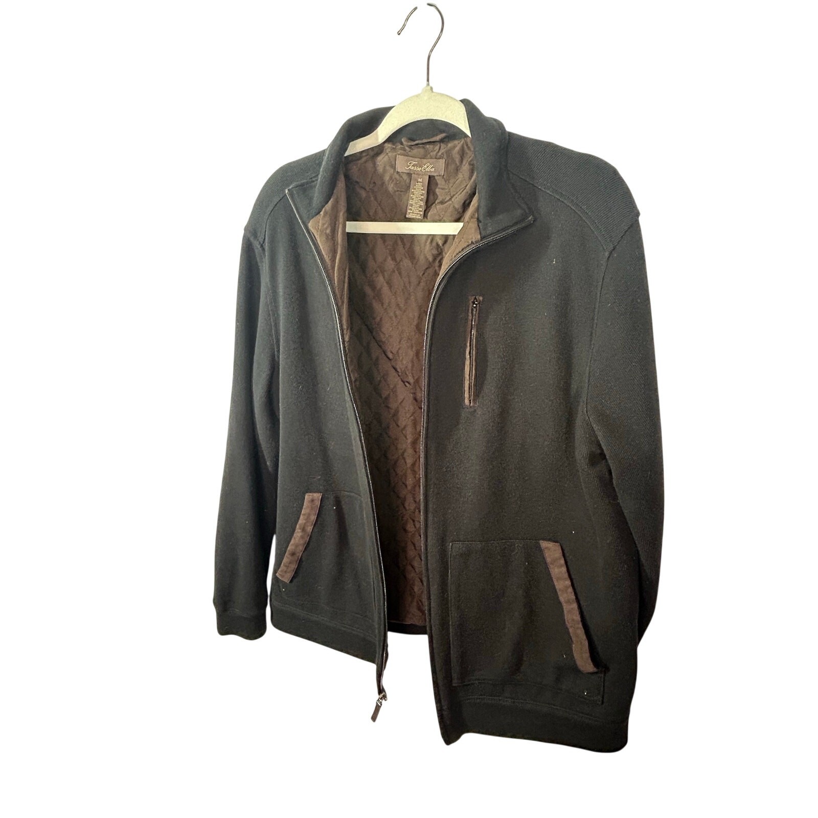 Tasso Elba Men’s Knit Zip Jacket Medium Black Brown Faux Suede Trim Sweater