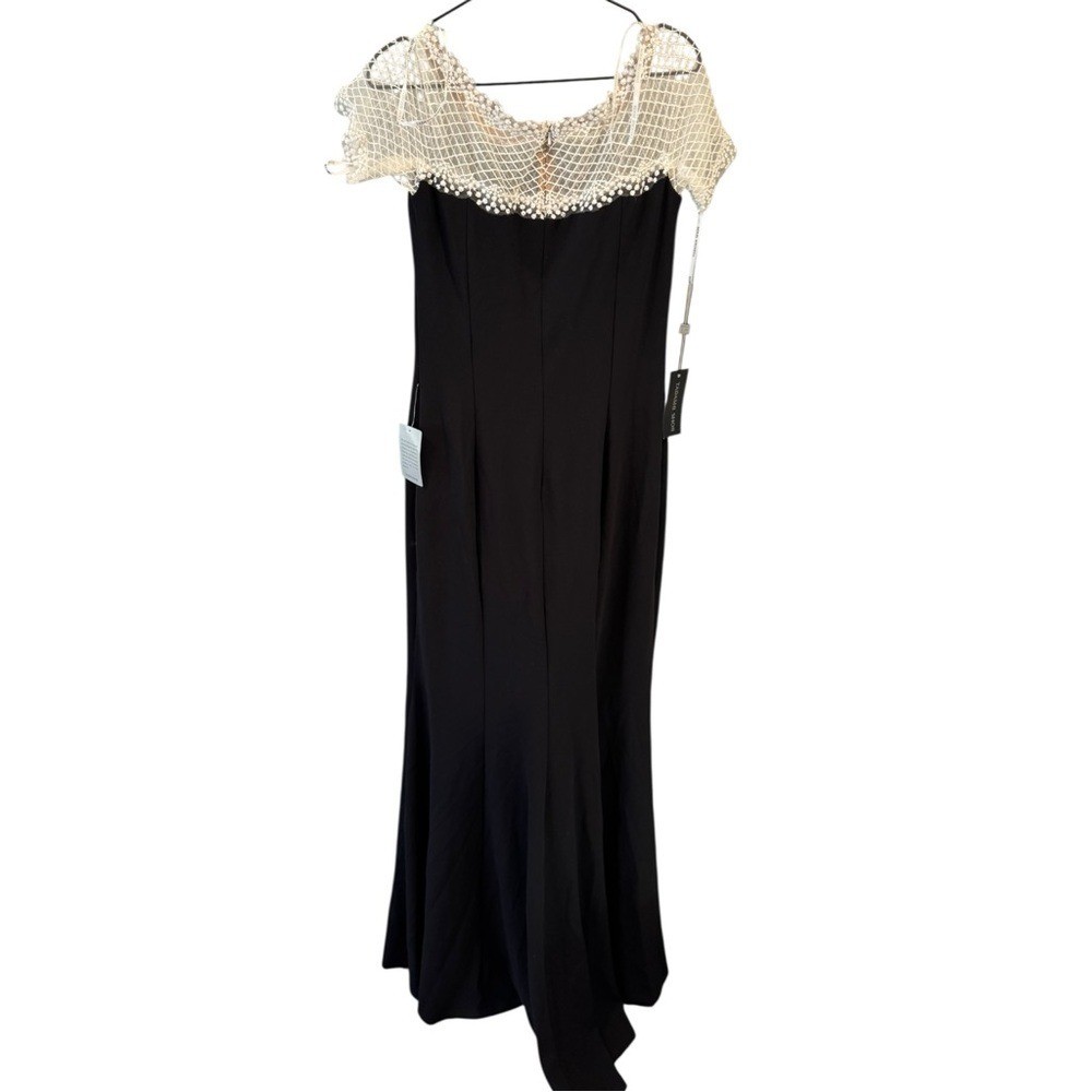 Tadashi Shoji Lace & Crepe A-Line Column Gown Large Black White Formal
