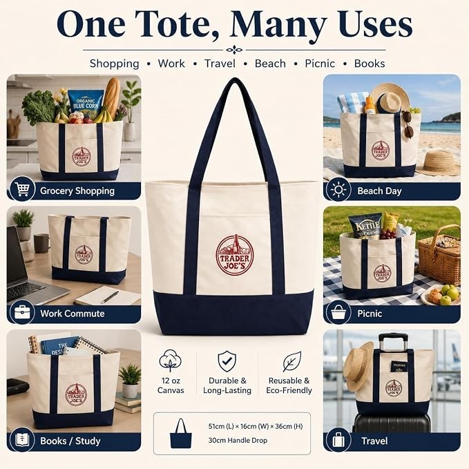 🛍️Trader Joe’s Large Canvas Tote Bag👜 ✨BRAND NEW WITH TAG✨