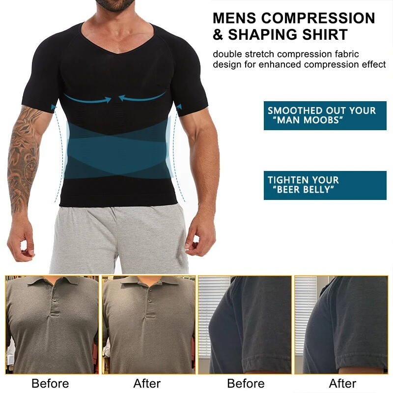 Mens Compression Shirt Body Shaper Slimming Gynecomastia Tummy Control Shapewear