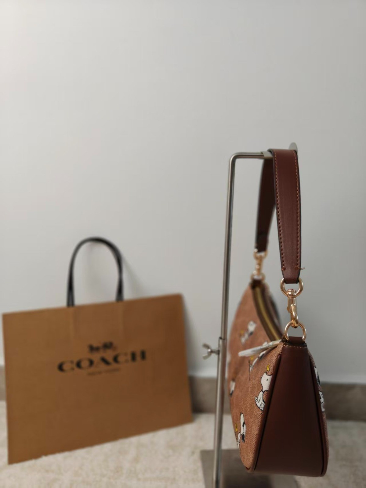 COACH x PEANUTS Teri Shoulder Bag Tan Brown Snoopy Print Signature Canvas CBJ88