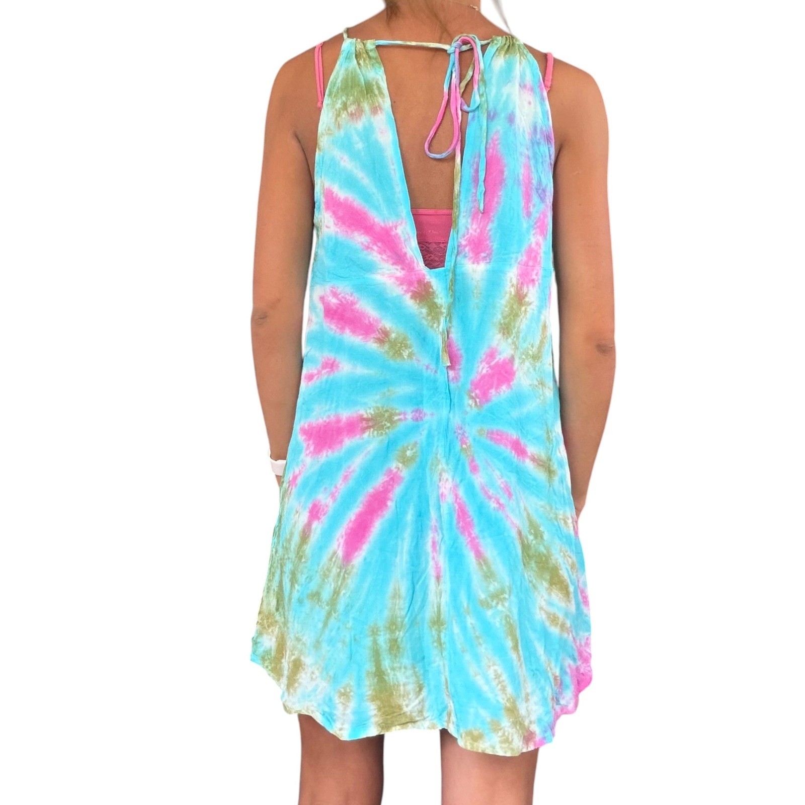 India Boutique One Size Pink Blue Green TieDye Embroider Halter Mini Dress Beach
