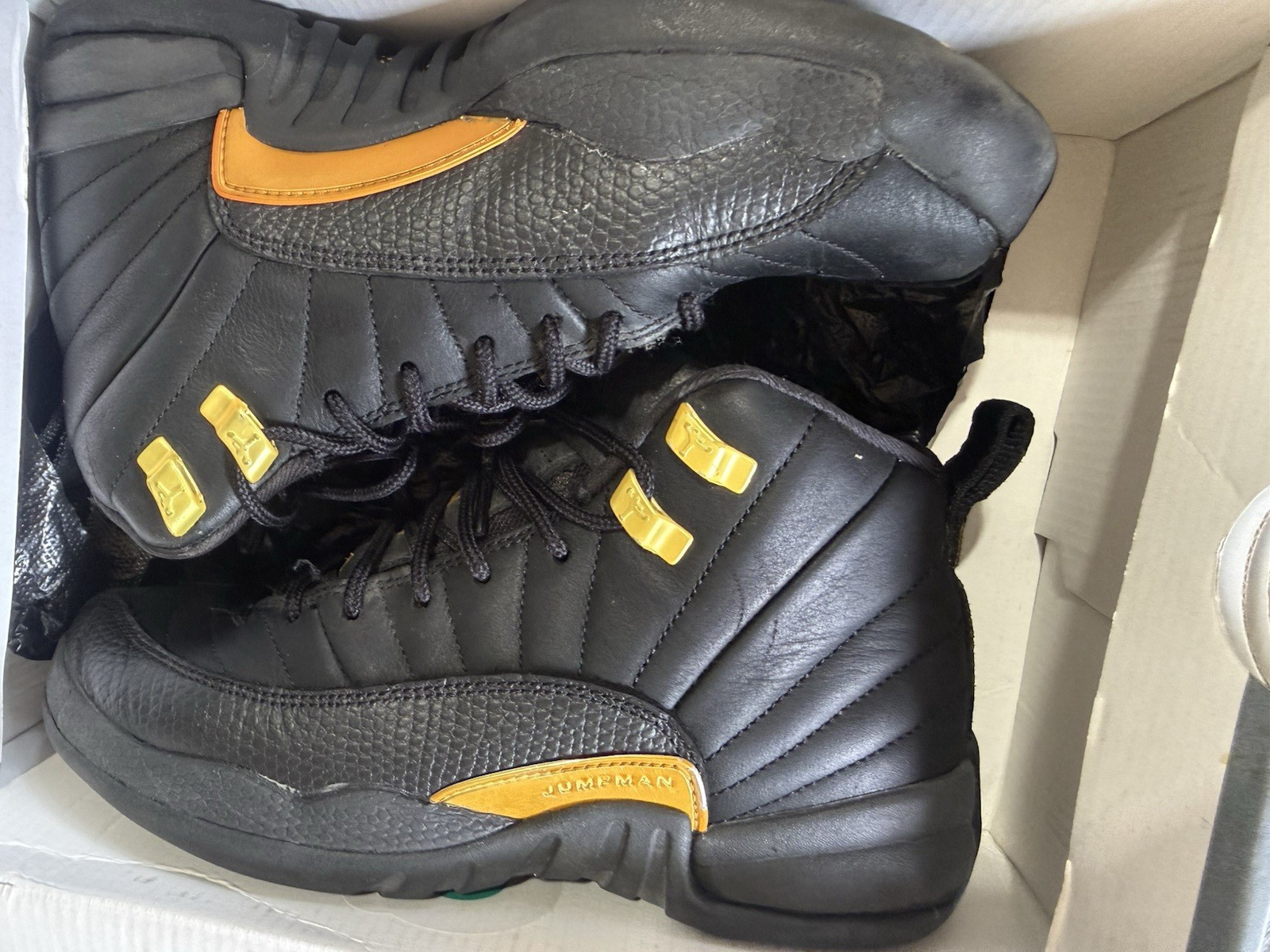 Jordan Air Jordan 12 Black/Gold Solid Leather High Top Lace-Up Sneakers