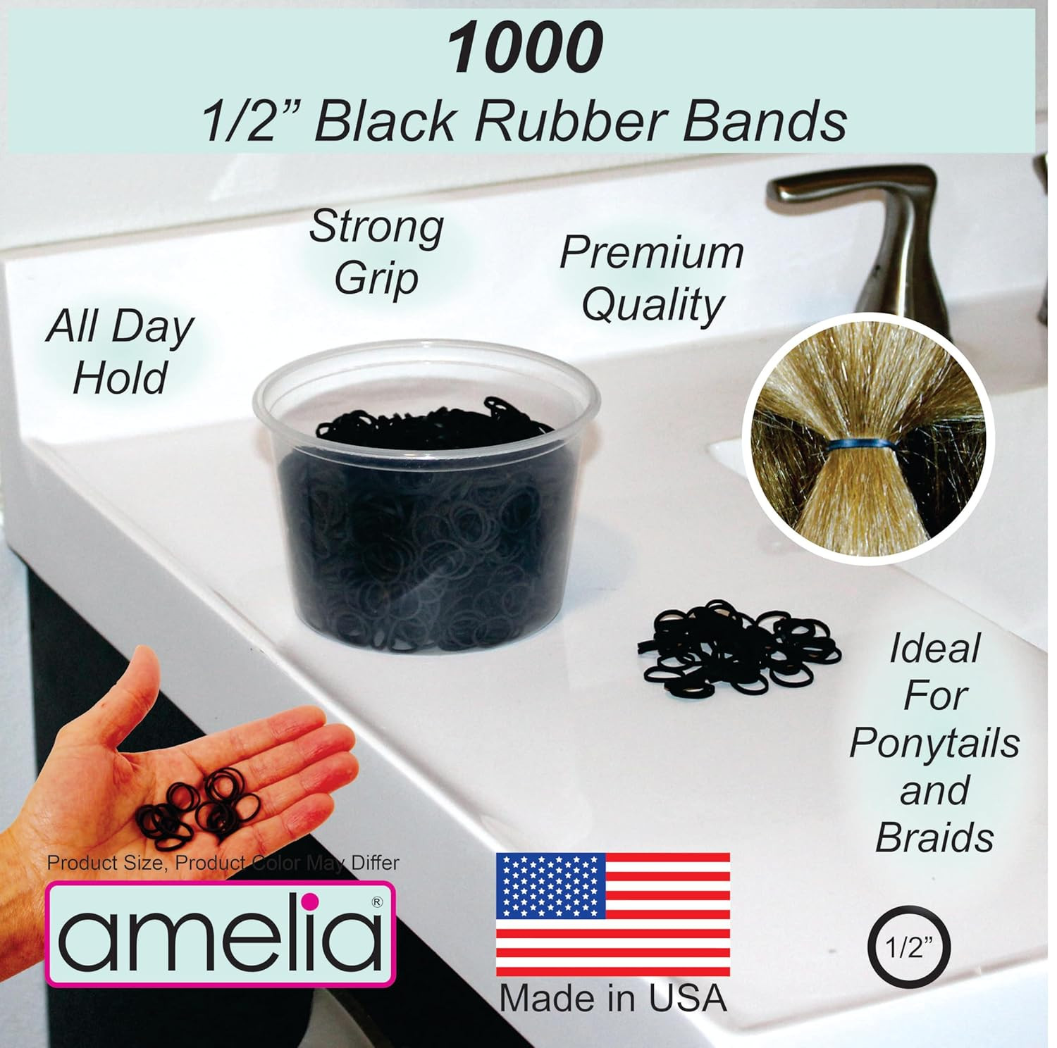 Amelia Beauty | 1000 Count 1/2″ Rubber Bands | Premium US Made Black