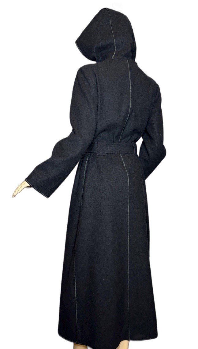 Vintage Wool Full Length Coat Hooded Black Button Down Harvé Benard Rare XS/S