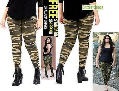 Jack David Women’s Plus Size Army Green Camo Camouflage Soft Leggings 1X-2X-3X