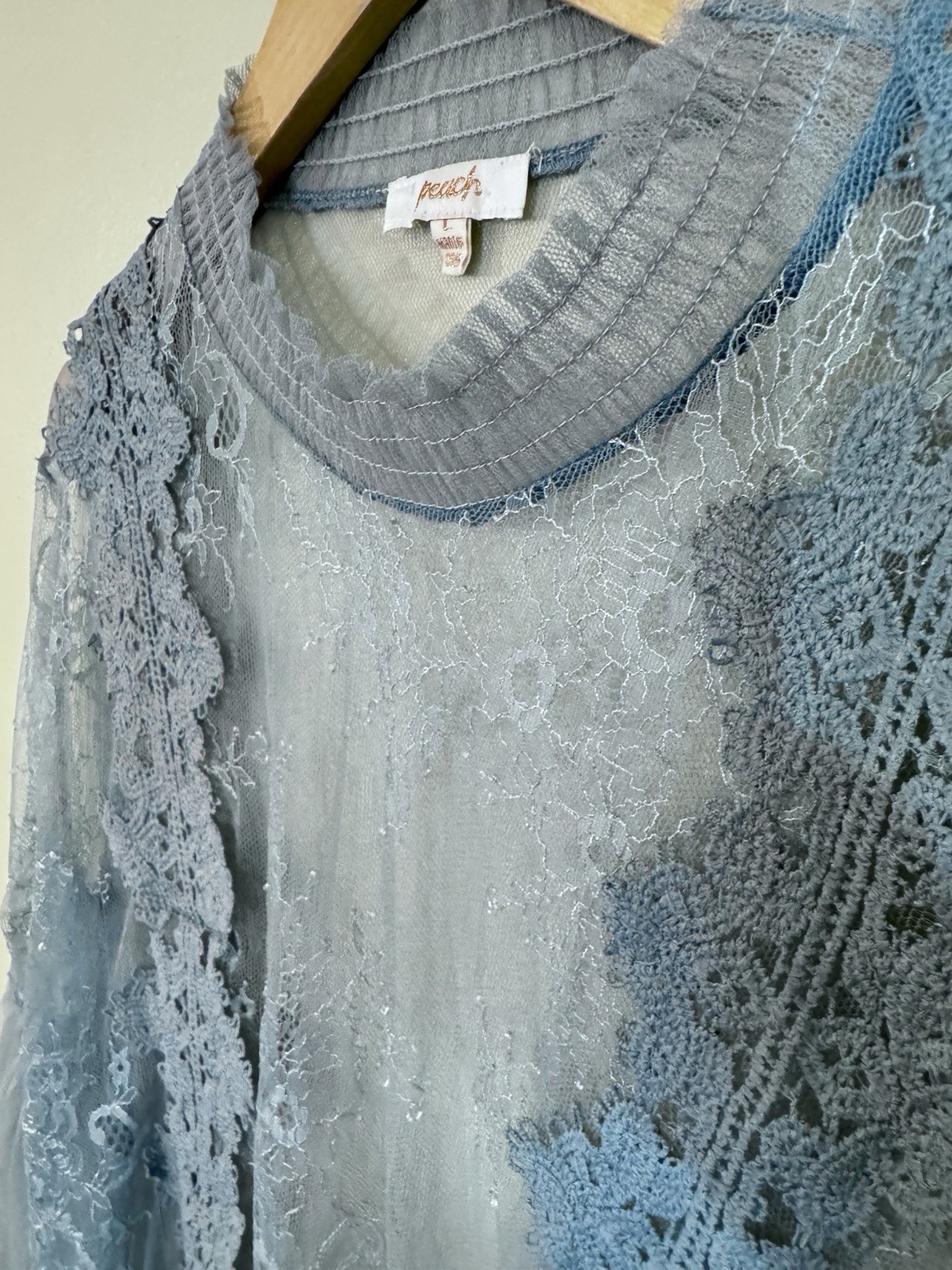 Peach Blue Solid Sheer Lace Mesh Mock Neck Balloon Sleeve Blouse Top L