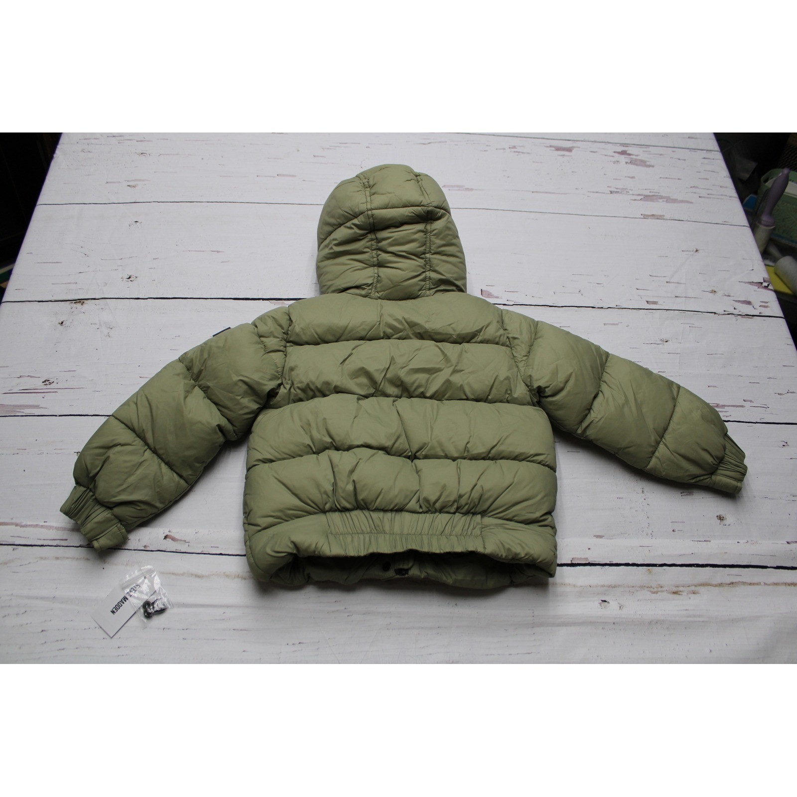 Steve Madden Kids Sage Green Hooded Puffer Jacket Faux Fur Trim Size 4 NEW