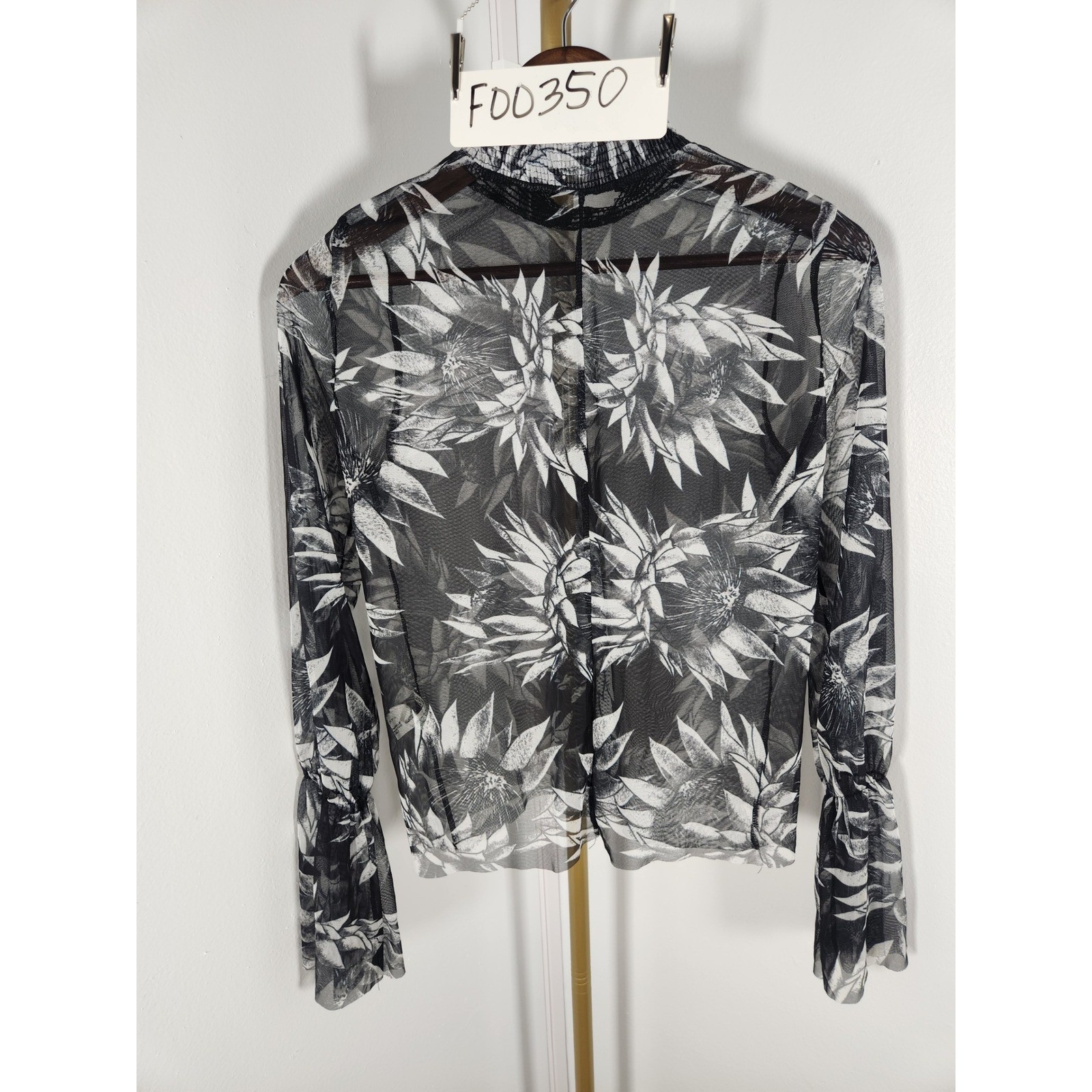 Zara Trafaluc Black White Palm Print Sheer Ruched Neck Balloon Sleeve Blouse S