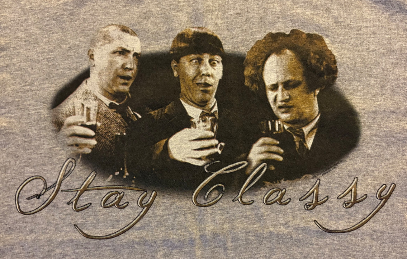 THREE STOOGES “Stay Classy” DRINKING T-Shirt Size MEDIUM 50/50 Gildan DryBlend