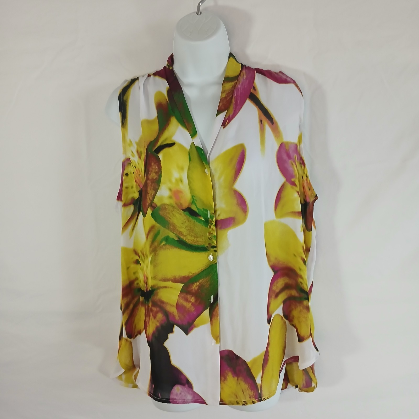 Worthington Blouse White Floral ColorFull Button Up V Neck NWT Sz XL Work Mature