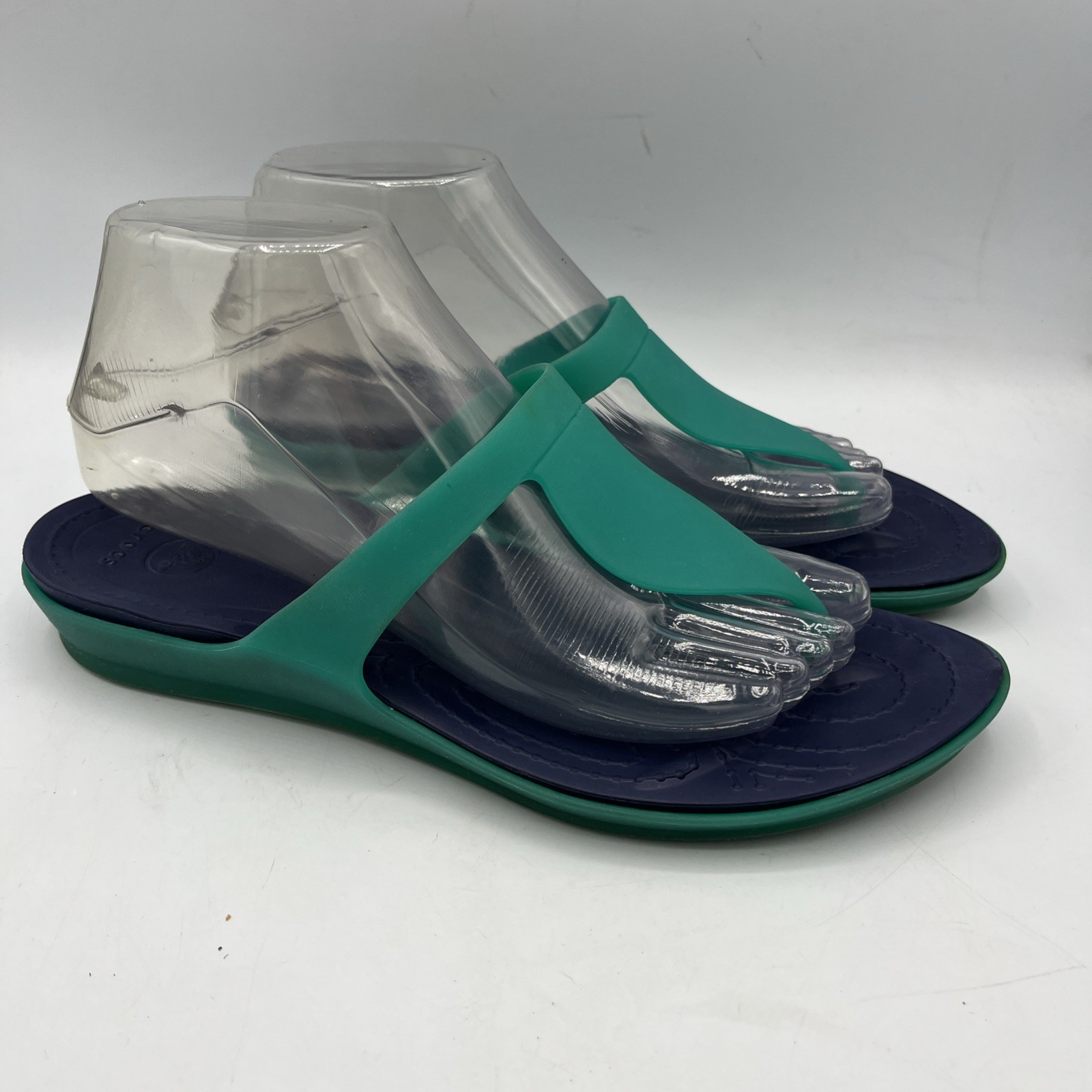 CROCS Rio Flip Flops Teal Green Navy Jelly Thong Slide Sandals Womens Size 8