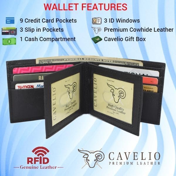 Mens Wallet RFID Genuine Leather Bifold Wallets For Men, 3 ID Windows 12 Card…