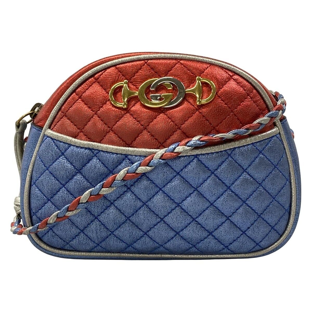 GUCCI Zumi Quilted Metallic Leather Mini Shoulder Bag Blue Red Silver Auth