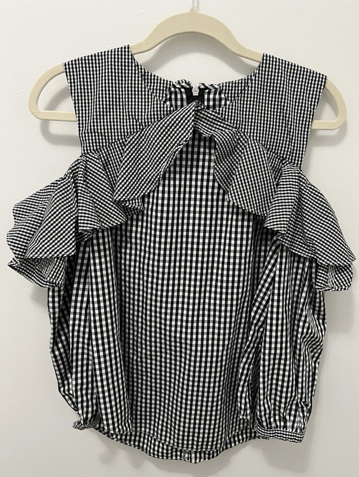 Lauren Ralph Lauren Black White Gingham Cold Shoulder Ruffle Bow Blouse XL