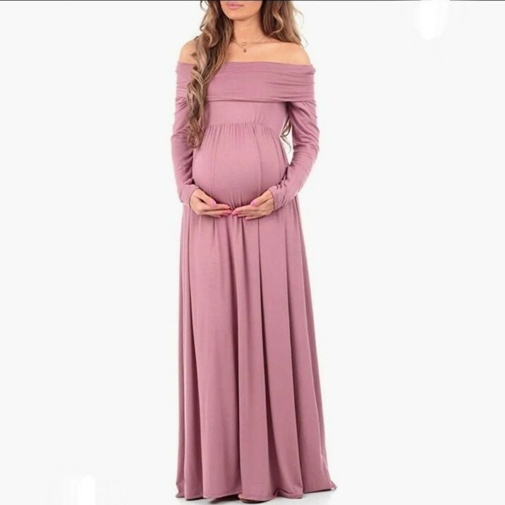 Mother Bee WOMEN’S OFF SHOULDER MATERNITY MAXI DRESS PINK XL