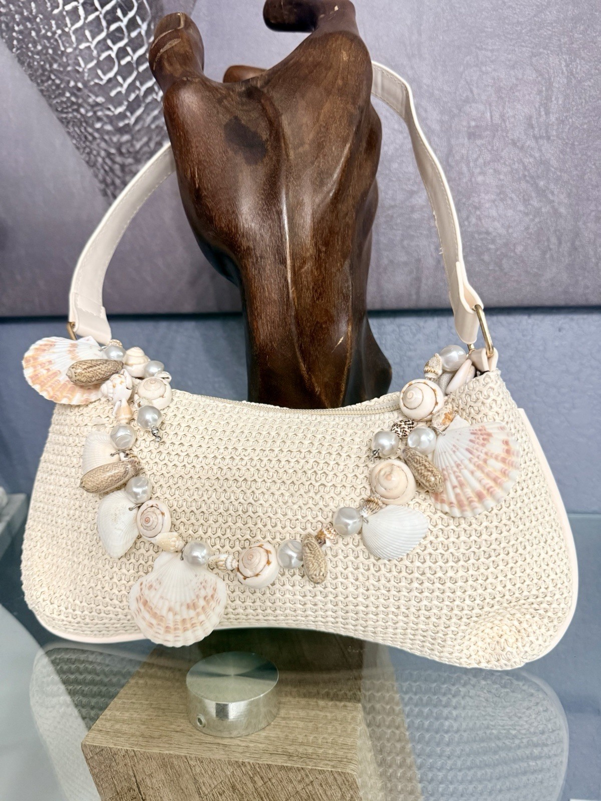 Woven Straw Inspired Crescent Shoulder Bag with Shell Pearl Starfish Accents