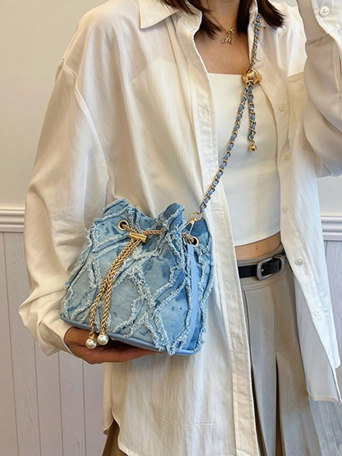 Women Distressed Denim Bucket Bag Fringe Crossbody Purse Chain Drawstring Blue