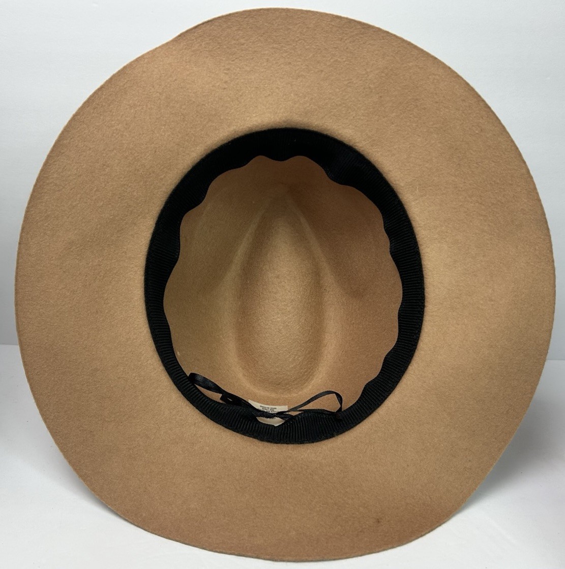 100% Wool Fedora Hat Tan Brown Wide Brim Black Band One Size Boho Western