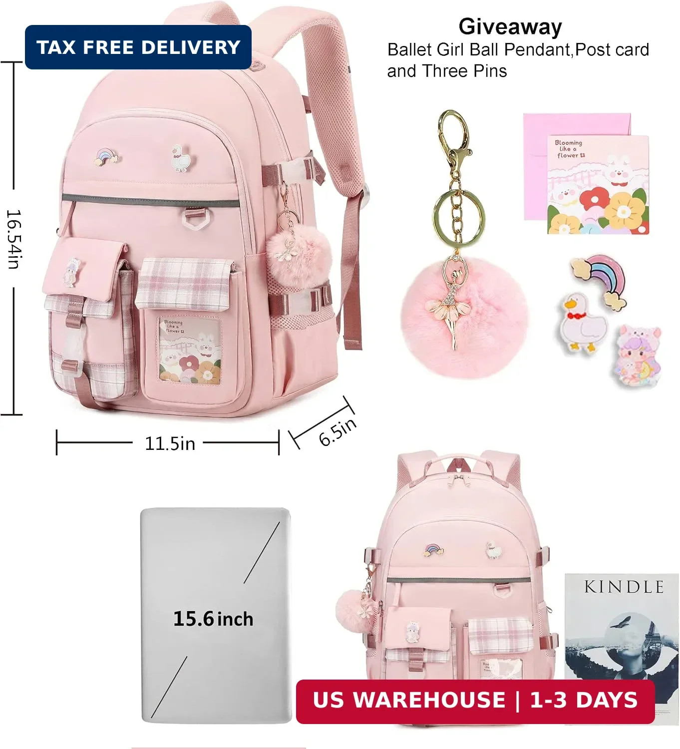 Backpack for Girls, 15.6 Inch Laptop School Bag Kids Kindergarten Elementary Col