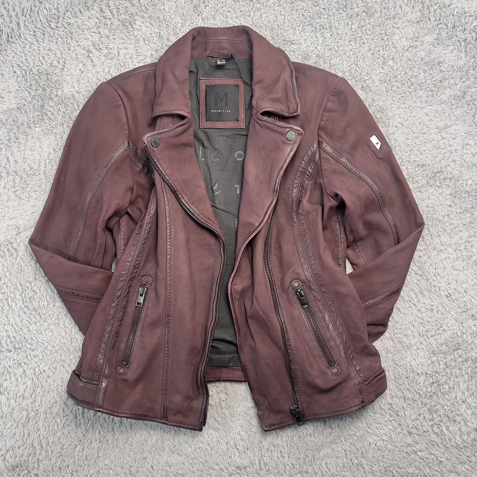 Mauritius Twila RF Leather Jacket Womens 7/8 Wine Red Moto Zip Lined Biker