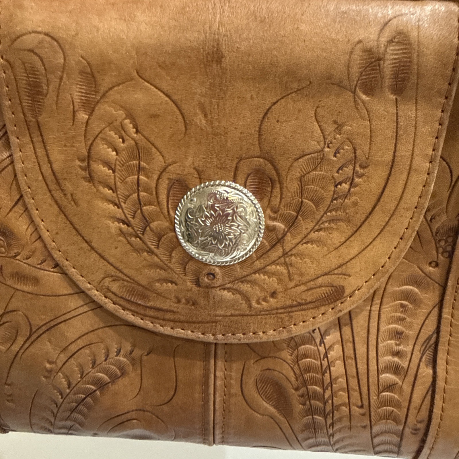 Grants Natural Tooled Leather Western Purse Satchel Made In Paraguay