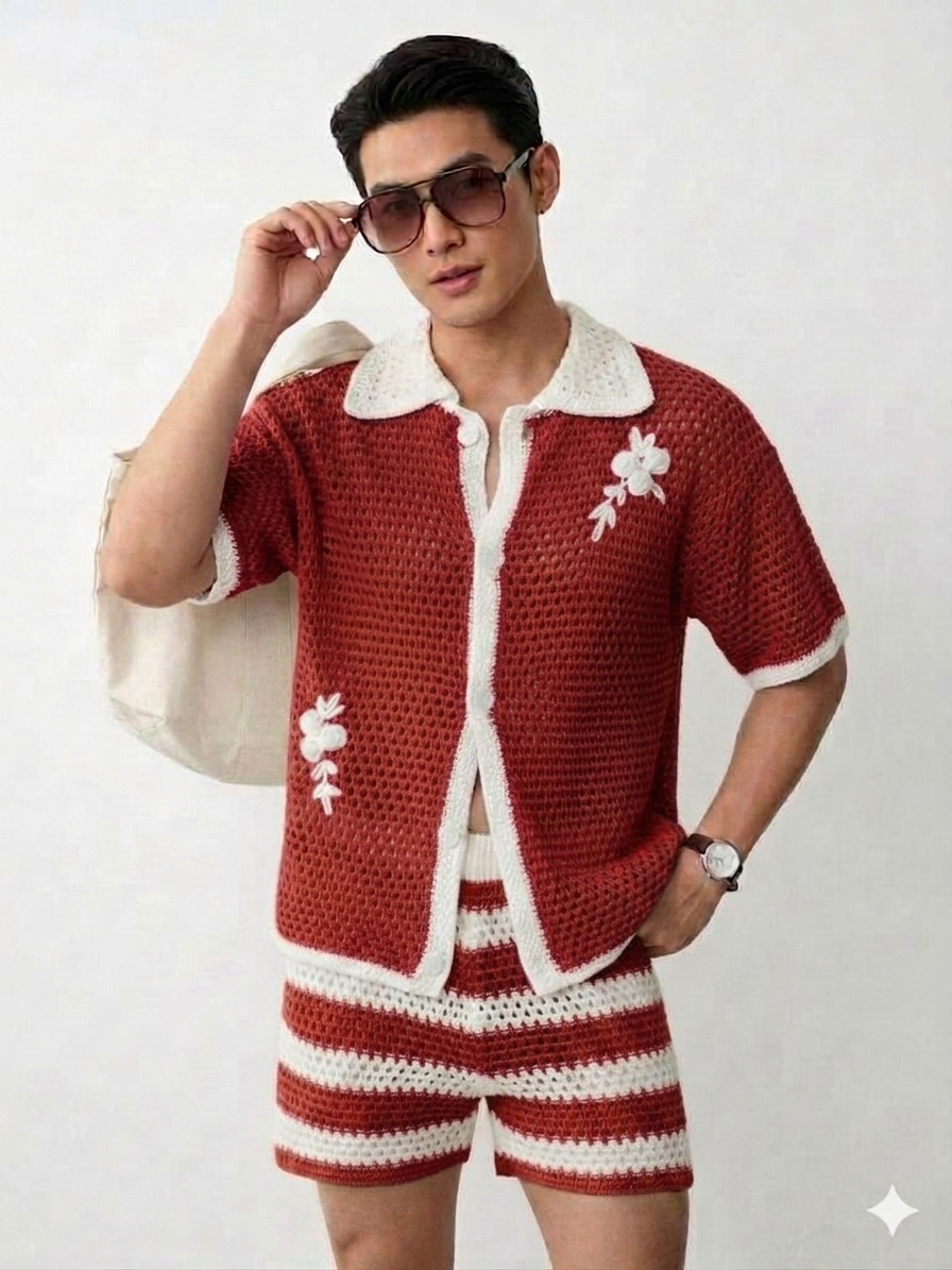 Handmade Resort Crochet Co-Ord Set Vintage Summer and Striped Matching Shorts