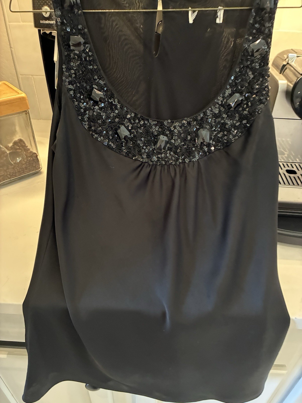 Black Sleeveless Rhinestone Top Size Med Side Zipper Keyhole Single Button Back