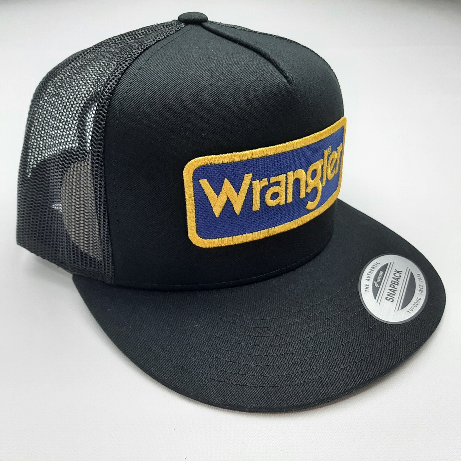 Wrangler Embroidered Patch Flat Bill Trucker Mesh Snapback Cap Black