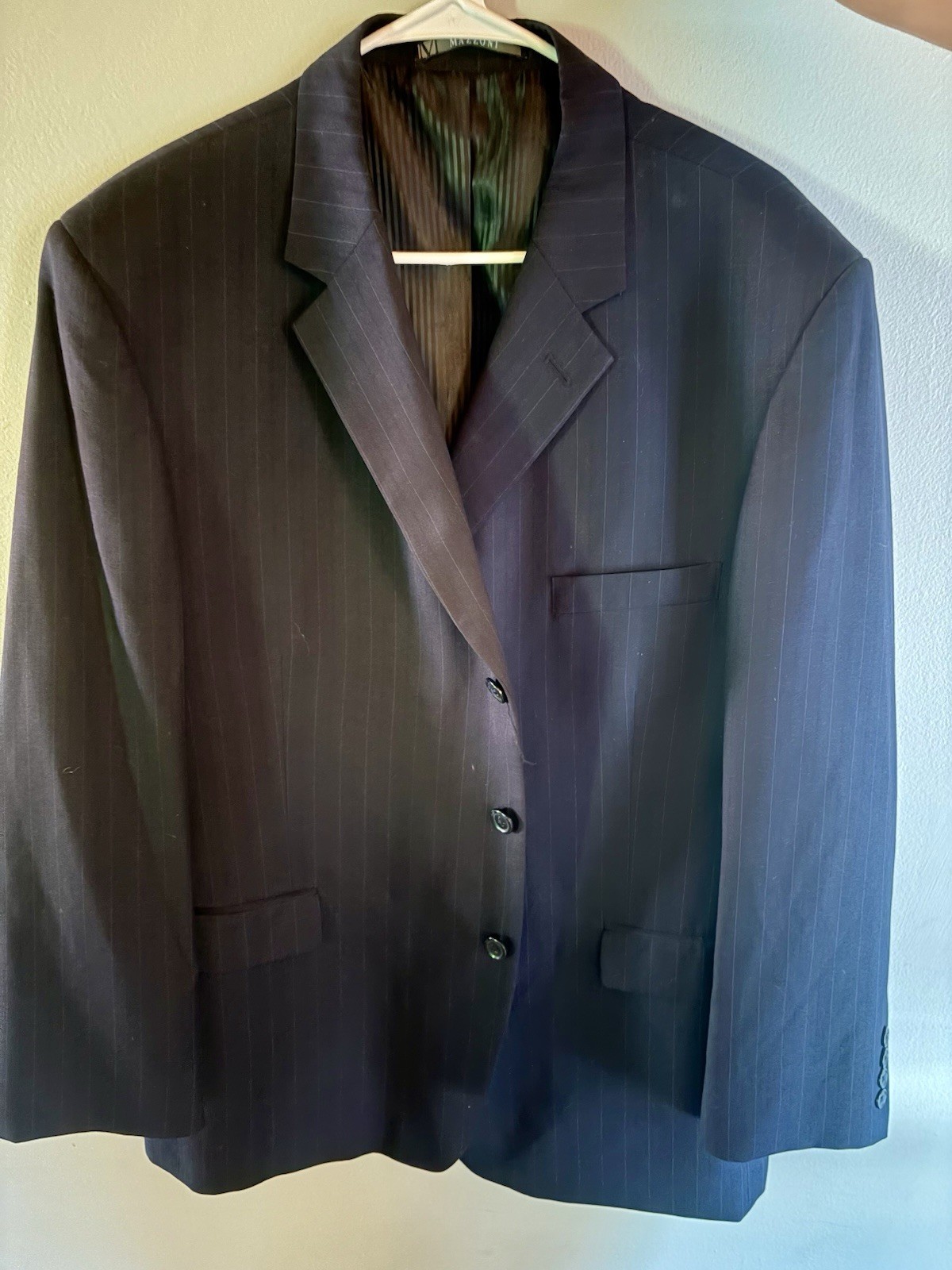 Mazzoni Men’s Black Pinstripe Suit Jacket 48/43R Single-Breasted 3-Button