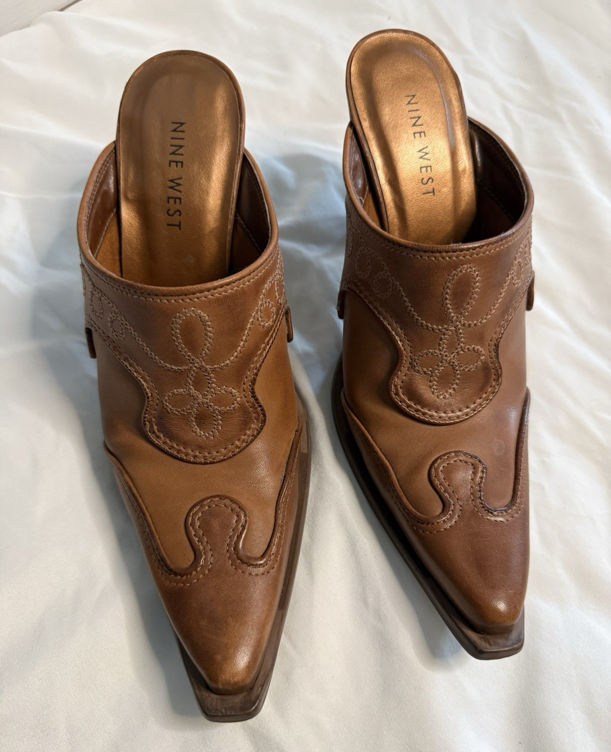 Nine West Brown Leather Pointed Toe Slip-On Mule Heels Embroidered 6.5M